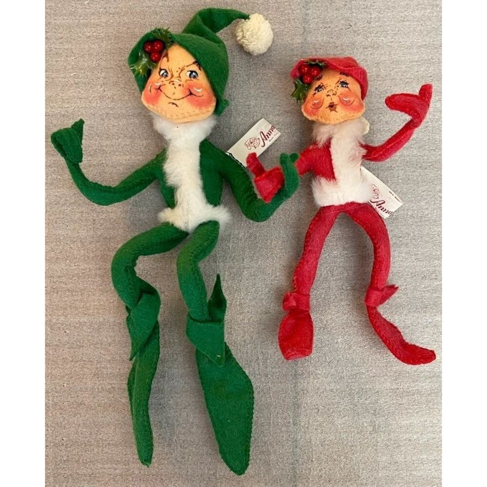 VTG 1989 Annalee Mobilitee Christmas Elf Doll Lot - Red & Green Posable Pixies